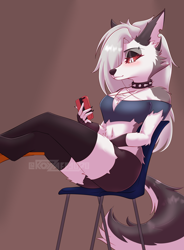 Size: 3214x4371 | Tagged: safe, artist:royzaff9o7o, loona (vivzmind), canine, fictional species, hellhound, mammal, anthro, digitigrade anthro, hazbin hotel, helluva boss, 2022, breasts, clothes, ear fluff, female, fluff, hair, long hair, silver hair, solo, solo female, tail, tail fluff, thighs