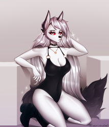 Size: 1180x1380 | Tagged: safe, artist:slimorinkaowo, loona (vivzmind), canine, fictional species, hellhound, mammal, anthro, hazbin hotel, helluva boss, 2022, big breasts, breasts, cleavage, clothes, colored sclera, ears, female, gray hair, hair, long hair, looking at you, red sclera, silver hair, solo, solo female, tail, thick thighs, thighs, white body