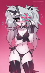 Size: 740x1200 | Tagged: suggestive, alternate version, artist:loonanudes, loona (vivzmind), canine, fictional species, hellhound, mammal, anthro, helluva boss, 2022, belly button, breasts, clothes, ears, female, fluff, gray hair, hair, looking at you, pigtails, solo, solo female, tail, tail fluff, thighs