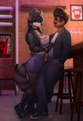 Size: 741x1079 | Tagged: safe, artist:aozee, oc, oc only, oc x oc, bear, mammal, procyonid, raccoon, anthro, 2022, anthro/anthro, bar, bedroom eyes, belly button, black nose, bottomwear, breasts, clothes, commission, detailed background, digital art, duo, ears, eyelashes, female, fishnet, fishnet stockings, fur, hair, jacket, legwear, looking at you, male, male/female, one eye closed, see-through, shipping, shirt, shoes, shorts, stockings, tail, thighs, topwear, wide hips