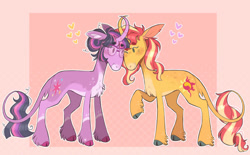 Size: 1136x704 | Tagged: safe, artist:wanderingpegasus, sunset shimmer (mlp), twilight sparkle (mlp), classical unicorn, equine, fictional species, mammal, pony, unicorn, feral, friendship is magic, hasbro, my little pony, 2022, blushing, body markings, chest fluff, cloven hooves, cute, duo, female, female/female, fluff, glasses, hooves, horn, leonine tail, looking at each other, looking at someone, mare, ponified, raised hoof, redesign, sci-twi (mlp), scitwishimmer (mlp), shipping, sunsetsparkle (mlp), tail, unshorn fetlocks