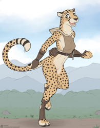 Size: 1000x1280 | Tagged: suggestive, artist:jishinu, cheetah, feline, mammal, anthro, digitigrade anthro, 2022, bottomless, breasts, claws, clothes, female, fingerless gloves, fur, gloves, legwear, looking at you, nipple outline, nudity, open mouth, outdoors, partial nudity, paws, running, solo, solo female, spotted fur, toeless legwear, yellow eyes