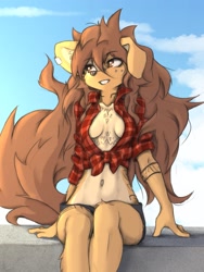 Size: 1771x2355 | Tagged: safe, artist:tinygaypirate, oc, oc:apogee (tinygaypirate), canine, dog, mammal, anthro, absolute cleavage, belly button, big breasts, bottomwear, braless, breasts, brown hair, cleavage, clothes, crop top, female, hair, long hair, looking away, shorts, sitting, smiling, solo, solo female, thick thighs, thighs, topwear, wide hips