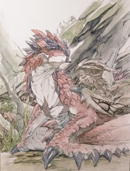 Size: 783x1024 | Tagged: safe, artist:torotamagayu, oc, oc only, dragon, fictional species, monster, rathalos, reptile, wyvern, feral, capcom, monster hunter, ambiguous gender, astalos, duo, landscape, red body