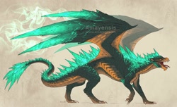 Size: 2000x1215 | Tagged: safe, artist:amayensis, oc, oc only, dragon, fictional species, feral, ambiguous gender, glowing, gray body, green body, solo, wings