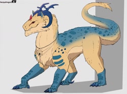 Size: 1280x950 | Tagged: safe, artist:herpydragon, oc, oc only, dragon, fictional species, feral, ambiguous gender, blue body, long tail, solo, tail, yellow body