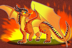 Size: 835x556 | Tagged: safe, artist:stormy_the_dragon27, oc, oc only, dragon, fictional species, western dragon, feral, ambiguous gender, fire, orange body, solo