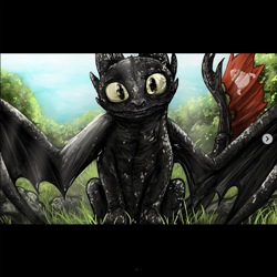 Size: 769x769 | Tagged: safe, artist:klemapawlikowska, toothless (httyd), feral, dreamworks animation, how to train your dragon, ambiguous gender, black body, forest, solo