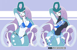 Size: 1280x829 | Tagged: safe, artist:skwidbone, oc, oc only, fictional species, legendary pokémon, suicune, anthro, nintendo, pokémon, 2022, armpits, arms behind head, bikini, blep, blue nose, bottomwear, breasts, clothes, digital art, ears, eyelashes, female, fur, hair, horn, one eye closed, one-piece swimsuit, open mouth, pose, ribbons (body part), shorts, simple background, solo, solo female, swimsuit, tail, thighs, tongue, tongue out, wide hips