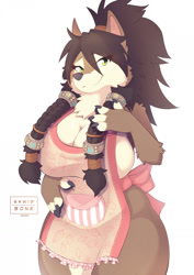Size: 906x1280 | Tagged: suggestive, artist:skwidbone, oc, oc only, canine, fictional species, mammal, werewolf, worgen, anthro, blizzard entertainment, world of warcraft, 2022, apron, bedroom eyes, big breasts, black nose, breasts, clothes, commission, digital art, ears, eyelashes, female, fur, hair, naked apron, nudity, partial nudity, pose, simple background, solo, solo female, thighs, wide hips