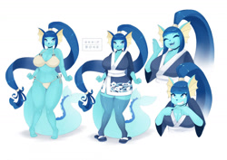 Size: 1280x906 | Tagged: safe, artist:skwidbone, oc, oc only, eeveelution, fictional species, mammal, vaporeon, anthro, digitigrade anthro, nintendo, pokémon, 2022, belly button, bikini, black nose, breasts, clothes, digital art, ears, eyelashes, eyes closed, female, fur, hair, kimono (clothing), open mouth, sandals, sharp teeth, shoes, simple background, solo, solo female, swimsuit, tail, teeth, thighs, tongue, waving, wide hips