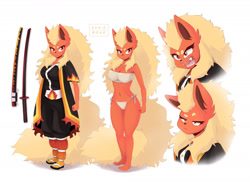 Size: 1280x931 | Tagged: safe, artist:skwidbone, oc, oc only, eeveelution, fictional species, flareon, mammal, anthro, digitigrade anthro, demon slayer, nintendo, pokémon, 2022, bedroom eyes, belly button, bikini, black nose, breasts, clothes, digital art, ears, eyelashes, female, fur, hair, katana, looking at you, open mouth, samurai, sandals, sharp teeth, shoes, simple background, solo, solo female, swimsuit, sword, tail, teeth, thighs, tongue, weapon, wide hips