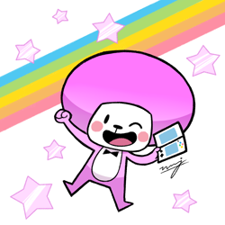 Size: 1300x1300 | Tagged: safe, artist:weuxj, tibby (rhythm heaven), bear, mammal, anthro, nintendo, nintendo 3ds, rhythm heaven, bow, bow tie, clothes, cub, holding, holding object, male, one eye closed, open mouth, rainbow, simple background, solo, solo male, stars, tongue, white background, winking, young