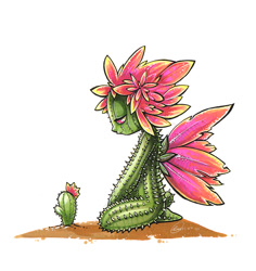 Size: 700x741 | Tagged: safe, artist:fluro-knife, animate plant, fictional species, anthro, cactus, female, flower, looking down, plant, simple background, sitting, solo, solo female, tail, thorns, white background