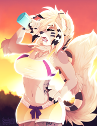 Size: 893x1155 | Tagged: safe, artist:skwidbone, oc, oc only, canine, dog, mammal, anthro, 2019, belly button, bottomwear, breasts, clothes, commission, detailed background, digital art, ears, eyelashes, eyes closed, female, fur, hair, open mouth, shorts, solo, solo female, sports bra, sports shorts, tail, thighs, tongue, tongue out, topwear, water bottle, wide hips, ych result