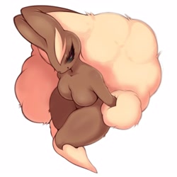 Size: 4000x4000 | Tagged: suggestive, artist:saltyxodium, fictional species, lagomorph, leporid, lopunny, mammal, rabbit, anthro, nintendo, pokémon, absurd resolution, big breasts, black sclera, breasts, brown body, brown skin, colored sclera, complete nudity, ears, featureless breasts, female, fur, long ears, looking at you, naughty face, nudity, red eyes, simple background, smiling, smiling at you, solo, solo female, tan body, tan fur, thick thighs, thighs, white background