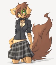 Size: 2141x2460 | Tagged: safe, artist:tinygaypirate, oc, oc:apogee (tinygaypirate), canine, dog, mammal, anthro, barefoot, big breasts, bottomwear, breasts, choker, claws, cleavage, clothes, feet, female, heterochromia, kneeling, looking at you, plaid skirt, pleated skirt, short skirt, skirt, solo, solo female, toe claws, toes