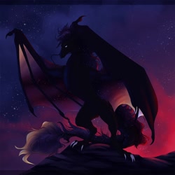 Size: 2000x2000 | Tagged: safe, artist:himikien, oc, oc only, dragon, fictional species, feral, ambiguous gender, night, night sky, sky, solo, wings