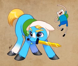 Size: 1024x871 | Tagged: safe, artist:artharuhi, finn the human (adventure time), earth pony, equine, fictional species, mammal, pony, feral, adventure time, cartoon network, friendship is magic, hasbro, my little pony, 2022, blue eyes, clothes, crossover, feralized, furrified, hat, headwear, hooves, ponified, species swap, sword, tail, weapon