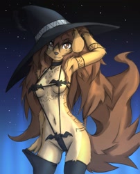 Size: 2112x2612 | Tagged: suggestive, artist:tinygaypirate, oc, oc:apogee (tinygaypirate), canine, dog, mammal, anthro, belly button, big breasts, breasts, brown hair, cameltoe, clothes, female, fur, hair, hat, headwear, long socks, looking at you, skimpy, smiling, smiling at you, solo, solo female, tan body, tan fur, thick thighs, thighs, useless clothing, wide hips, witch hat