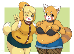 Size: 1340x990 | Tagged: suggestive, artist:snowybunny, isabelle (animal crossing), retsuko (aggretsuko), canine, dog, mammal, red panda, shih tzu, anthro, aggretsuko, animal crossing, nintendo, sanrio, 2019, 4 fingers, belly button, big breasts, black nose, blushing, bottomwear, bra, breasts, claws, cleavage, clothes, collar, crossover, duo, duo female, eyelashes, fat, fat fetish, female, females only, fishnet, fishnet stockings, fluff, fur, gesture, green background, hair, hair tie, head fluff, huge belly, legwear, looking at you, obese, one eye closed, open mouth, open smile, orange body, orange fur, see-through, short shorts, shorts, simple background, skirt, smiling, smiling at you, spiked collar, spiked wristband, stockings, striped tail, stripes, tail, thick thighs, thighs, topwear, underwear, v sign, winking, wristband, yellow body, yellow fur