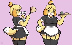 Size: 2560x1614 | Tagged: safe, artist:snowybunny, isabelle (animal crossing), canine, dog, mammal, shih tzu, anthro, animal crossing, nintendo, 2020, black nose, blush sticker, clothes, dress, feather duster, female, fur, garter belt, hair, hair tie, hand on hip, holding, holding object, legwear, looking at you, maid outfit, open mouth, solo, solo female, spray bottle, tail, thick thighs, thigh highs, thighs, watermark, yellow body, yellow fur