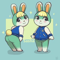 Size: 2030x2036 | Tagged: safe, artist:snowybunny, sasha (animal crossing), lagomorph, mammal, rabbit, anthro, animal crossing, animal crossing: new horizons, nintendo, 2022, 2d, 3 toes, abstract background, blonde hair, blue jacket, blush sticker, bottomless, bunny ears, bunny tail, butt, cute, english text, featureless crotch, fur, green body, green fur, hair, high res, letterman jacket, looking at you, looking back, looking back at you, looking to the side, male, multicolored fur, nudity, partial nudity, pink nose, smiling, smiling at you, solo, solo male, sparkles, teal fur, text, two toned body, two toned fur, watermark