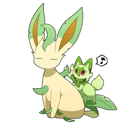 Size: 699x700 | Tagged: safe, artist:tontaro, eeveelution, fictional species, leafeon, mammal, sprigatito, feral, nintendo, pokémon, spoiler:pokémon gen 9, spoiler:pokémon scarlet and violet, 2022, 2d, 2d animation, ambiguous gender, ambiguous only, animated, casual nudity, chest fluff, closed mouth, closed smile, complete nudity, digital art, duo, duo ambiguous, ear twitch, ears, eyes closed, fluff, fur, gif, green body, green fur, happy, long ears, musical note, neck fluff, nudity, open mouth, open smile, paws, pointy ears, simple background, sitting, smiling, starter pokémon, tail, tail fluff, tail wag, white background