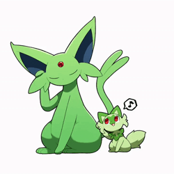 Size: 400x400 | Tagged: source needed, safe, artist:tontaro, eeveelution, espeon, fictional species, mammal, shiny pokémon, sprigatito, feral, nintendo, pokémon, spoiler:pokémon gen 9, spoiler:pokémon scarlet and violet, 1:1, 2022, 2d, 2d animation, ambiguous gender, ambiguous only, animated, behaving like a cat, cheek fluff, digital art, duo, duo ambiguous, ears, eyes closed, fluff, fur, gif, grooming, low res, musical note, open mouth, simple background, starter pokémon, tail, white background