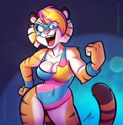 Size: 2014x2048 | Tagged: safe, artist:psicoyote, big cat, feline, mammal, tiger, anthro, belly button, big breasts, breasts, cleavage, clothes, female, looking at you, mask, one-piece swimsuit, open mouth, open smile, smiling, smiling at you, solo, solo female, swimsuit, thick thighs, thighs, wide hips, wrestling