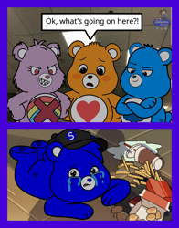 Size: 2180x2775 | Tagged: safe, artist:mrstheartist, cheer bear (care bears), grumpy bear (care bears), oc, oc:creative bear, bear, fictional species, mammal, semi-anthro, care bears, care bears: unlock the magic, bullying, care bear, chicken nugget, comic, crossed arms, crying, evil, evil grin, fast food, female, french fries, grin, male, soft drink, tenderheart bear (care bears), wendy's