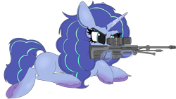 Size: 3840x2160 | Tagged: safe, alternate version, artist:straighttothepointstudio, misty (mlp g5), equine, fictional species, mammal, pony, unicorn, feral, hasbro, my little pony, my little pony g5, my little pony: make your mark, spoiler, spoiler:my little pony g5, 2022, angry, curled hair, curly mane, digital art, eyelashes, female, freckles, frowning, gun, hair, high res, hooves, horn, lying down, mare, rifle, side view, simple background, sniper, sniper rifle, solo, solo female, transparent background, unshorn fetlocks, weapon