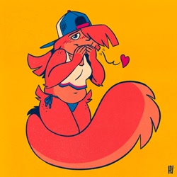 Size: 1024x1024 | Tagged: safe, artist:fox-popvli, oc, oc:harriet (fox-popvli), mammal, rodent, squirrel, anthro, bedroom eyes, belly button, big belly, big breasts, blushing, breasts, cap, clothes, crop top, female, hat, headwear, heart, looking at you, love heart, panties, solo, solo female, thick thighs, thighs, topwear, underwear, wide hips