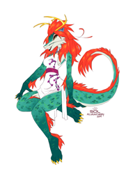 Size: 763x1000 | Tagged: safe, artist:ailuranthropy, oc, oc only, oc:nova (phantress), dragon, fictional species, anthro, 2019, antlers, clothes, dress, ears, female, green body, hair, looking at you, orange hair, simple background, solo, solo female, tail, white background
