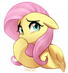 Size: 1229x1318 | Tagged: safe, artist:maren, fluttershy (mlp), equine, fictional species, mammal, pegasus, pony, feral, friendship is magic, hasbro, my little pony, 2022, aside glance, bust, feathered wings, feathers, female, floppy ears, folded wings, hair, hoof over mouth, looking at you, mane, mare, nervous, pink hair, pink mane, simple background, solo, solo female, sweat, sweatdrops, white background, wings, yellow body, yellow wings