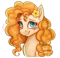 Size: 600x580 | Tagged: safe, artist:eeviart, pear butter (mlp), earth pony, equine, fictional species, mammal, pony, feral, friendship is magic, hasbro, my little pony, 2d, blushing, bust, cute, female, flower, flower in hair, front view, fur, green eyes, hair, hair accessory, looking at you, mane, mare, orange hair, orange mane, peach body, peach fur, plant, simple background, smiling, smiling at you, solo, solo female, three-quarter view, transparent background, ungulate