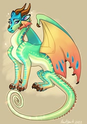 Size: 903x1280 | Tagged: safe, artist:_heartspark, dragon, fictional species, western dragon, feral, wings of fire (book series), 2022, ambiguous gender, digital art, ears, fantasy, glory (wings of fire), green body, horns, looking at you, paws, scales, signature, simple background, solo, tail, wings