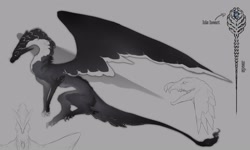 Size: 2541x1525 | Tagged: safe, artist:mortimillian, oc, oc only, dragon, fictional species, feral, ambiguous gender, black body, black fur, fantasy, fur, gray body, gray fur, solo, wings