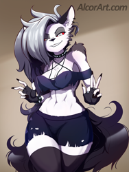 Size: 990x1320 | Tagged: safe, artist:alcor, loona (vivzmind), canine, fictional species, hellhound, mammal, anthro, hazbin hotel, helluva boss, bottomwear, clothes, female, shorts, solo, solo female, tail, thick thighs, thighs, topwear, wide hips