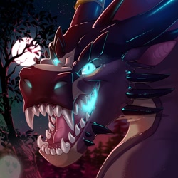 Size: 900x900 | Tagged: safe, artist:hiryunatsuakai, oc, oc only, dragon, fictional species, feral, ambiguous gender, blue eyes, fantasy, glowing, night, night sky, red body, sky, solo