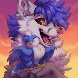 Size: 1000x1000 | Tagged: safe, artist:hioshiru, oc, oc only, oc:gabby (gabriel11999), oc:gabriel, bird, canine, enfield, fictional species, fox, mammal, anthro, feral, 2022, beak, blue feathers, blue hair, bust, cheek fluff, chest fluff, cuddling, duo, fangs, feathers, fluff, hair, hug, open mouth, open smile, portrait, sharp teeth, size difference, smiling, tail, tail feathers, teeth, yellow eyes