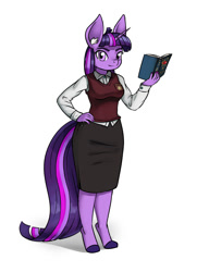 Size: 923x1200 | Tagged: safe, artist:lexx2dot0, twilight sparkle (mlp), equine, fictional species, mammal, pony, unicorn, anthro, unguligrade anthro, friendship is magic, hasbro, my little pony, 2022, anthrofied, book, ear fluff, female, fluff, hooves, horn, mare, simple background, smiling, solo, solo female, tail, white background