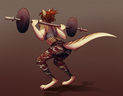 Size: 900x705 | Tagged: safe, artist:ailuranthropy, oc, oc only, mammal, marsupial, thylacine, anthro, 2020, barbell, bottomwear, brown background, brown hair, clothes, digital art, ears, fur, hair, pants, paws, simple background, solo, sports bra, tan body, tan fur, topwear