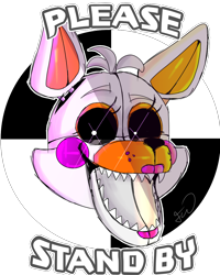 Size: 920x1150 | Tagged: safe, artist:xxblackberriixx, lolbit (fnaf), animatronic, canine, fox, mammal, robot, five nights at freddy's, 2011, english text, eyelashes, female, glowing, glowing eyes, head only, looking at you, open mouth, please stand by, signature, simple background, solo, solo female, text, transparent background
