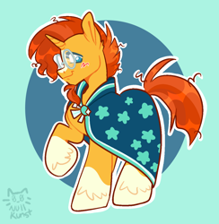 Size: 1192x1219 | Tagged: safe, artist:zerotheillemonati, sunburst (mlp), equine, fictional species, mammal, pony, unicorn, feral, friendship is magic, hasbro, my little pony, 2022, blaze (coat marking), blue eyes, blushing, body markings, cloak, clothes, coat markings, cute, digital art, facial markings, glasses, hair, head marking, hooves, horn, looking at you, male, multicolored hair, raised hoof, signature, simple background, smiling, socks (coat markings), solo, solo male, stallion, tail, two toned hair, unshorn fetlocks