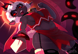 Size: 1000x702 | Tagged: safe, artist:skeleion, lamb (cult of the lamb), bovid, caprine, lamb, mammal, sheep, anthro, cult of the lamb, 2022, breasts, clothes, crown, female, garter straps, headwear, jewelry, loincloth, red crown (cult of the lamb), regalia, sideboob, solo, solo female, sword, thick thighs, thighs, weapon, wide hips, womb tattoo