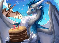 Size: 2048x1503 | Tagged: safe, artist:silverkyuubi17, oc, oc only, oc:alder (silverkyuubi17), oc:silver (silverkyuubi17), dragon, fictional species, reptile, scaled dragon, western dragon, feral, 2022, birthday, birthday cake, blue body, blue eyes, brown body, cake, claws, cloud, duo, fantasy, female, food, gray body, horns, male, male/female, shipping, sky, watermark, webbed wings, wings