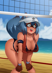 Size: 911x1280 | Tagged: suggestive, artist:chacrawarrior, michiru kagemori (bna), canine, mammal, raccoon dog, anthro, bna: brand new animal, 2022, absolute cleavage, beach, bent over, big breasts, bikini, black nose, blushing, breasts, cheek fluff, cleavage, clothes, detailed background, digital art, ears, eyelashes, female, fluff, gloves (arm marking), hair, hanging breasts, hat, headwear, mask (facial marking), nudity, open mouth, partial nudity, shirt, solo, solo female, swimsuit, thighs, tongue, topwear, volleyball net, wide hips