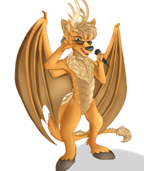 Size: 1038x1234 | Tagged: safe, artist:jbond, oc, oc only, oc:jacky breeze, dragon, fictional species, furred dragon, hybrid, anthro, antlers, blonde hair, chest fluff, cloven hooves, deeragon, digital art, ears, fluff, fur, glasses, green eyes, hair, hooves, male, microphone, nudity, orange body, orange fur, pencil, simple background, solo, solo male, tail, tail tuft, teeth, white background, wings