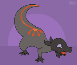 Size: 1100x925 | Tagged: safe, artist:pocketpaws, fictional species, salandit, feral, nintendo, pokémon, 2022, 2d, 2d animation, ambiguous gender, animated, cute, excited, fire, fire breathing, frame by frame, gif, open mouth, open smile, smiling, solo, solo ambiguous, tail, tail wag
